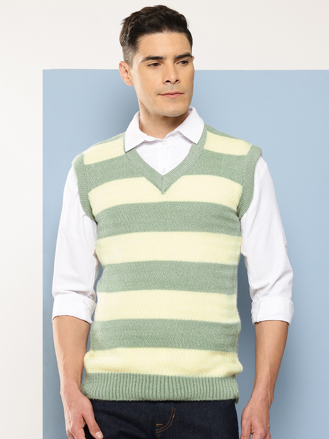 

Aarika Men Striped Woollen Sweater Vest, Green