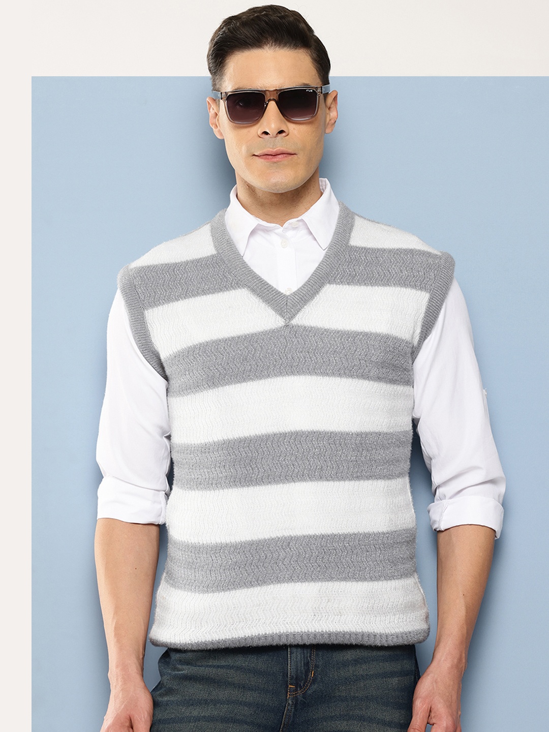 

Aarika Men Striped Woollen Sweater Vest, White