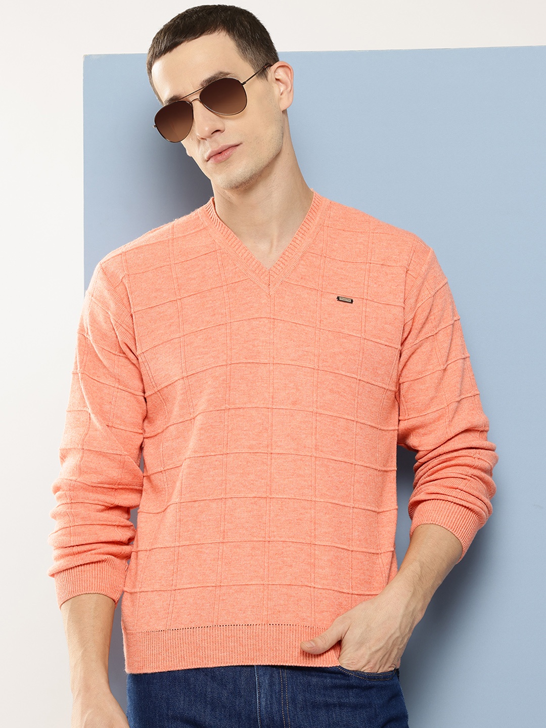 

Aarika Men Checked Woollen Pullover, Peach