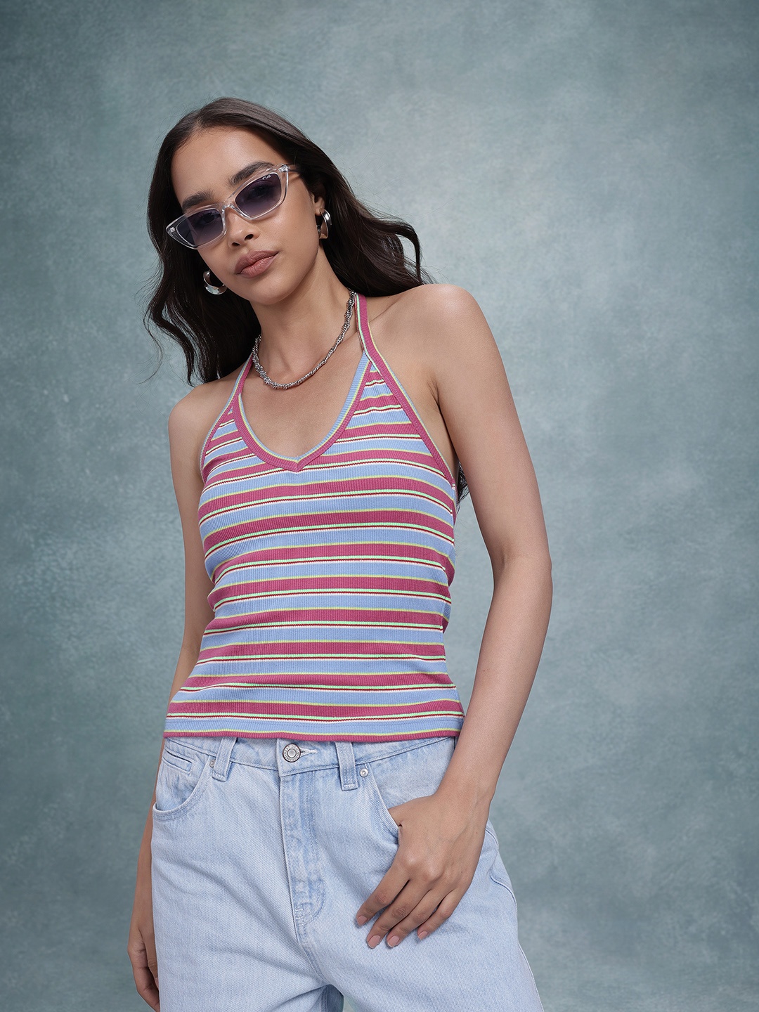 

The Roadster Life Co. Striped Halter Neck Top, Blue