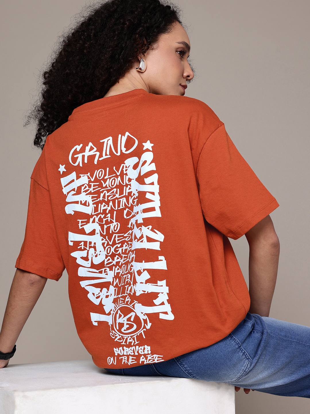 

The Roadster Life Co. Typography Printed Oversized Pure Cotton T-shirt, Rust