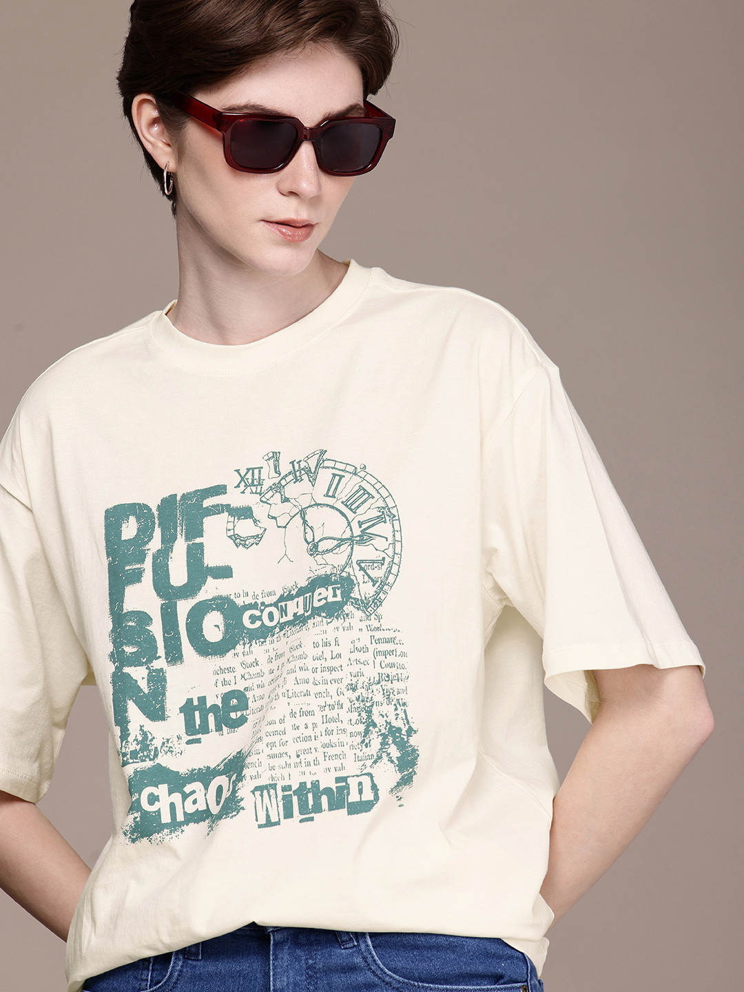 

The Roadster Life Co. Pure Cotton Typography Drop-Shoulder Sleeves Oversized T-shirt, Off white