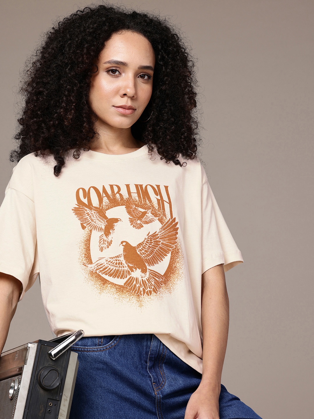 

The Roadster Life Co. Printed Drop-Shoulder Sleeves Oversized Pure Cotton T-shirt, Cream
