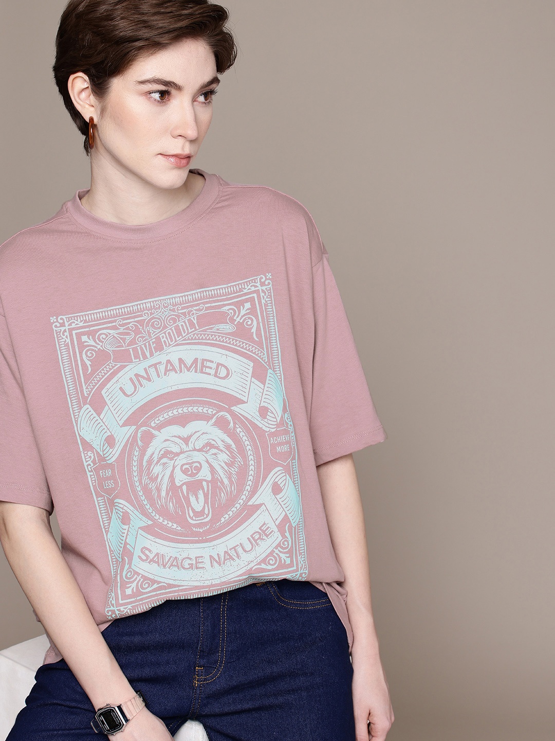 

The Roadster Life Co. Graphic Printed Drop-Shoulder Sleeves Pure Cotton Oversized T-shirt, Mauve