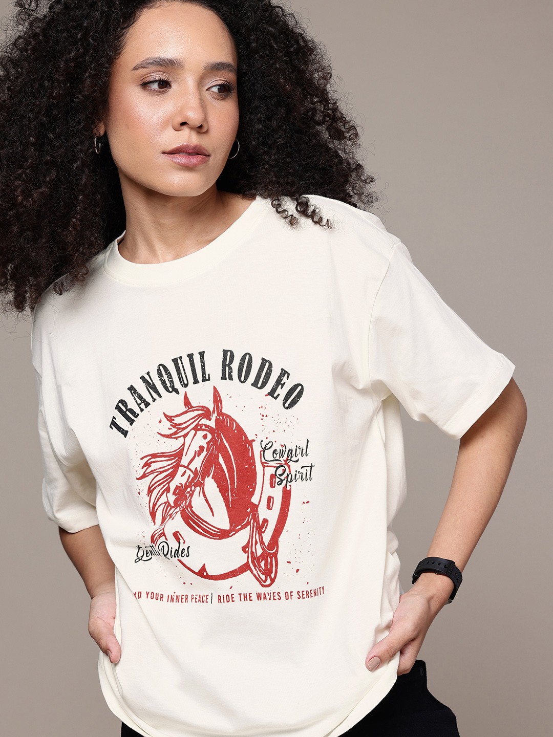 

The Roadster Life Co. Printed Drop-Shoulder Sleeves Oversized Pure Cotton T-shirt, Off white