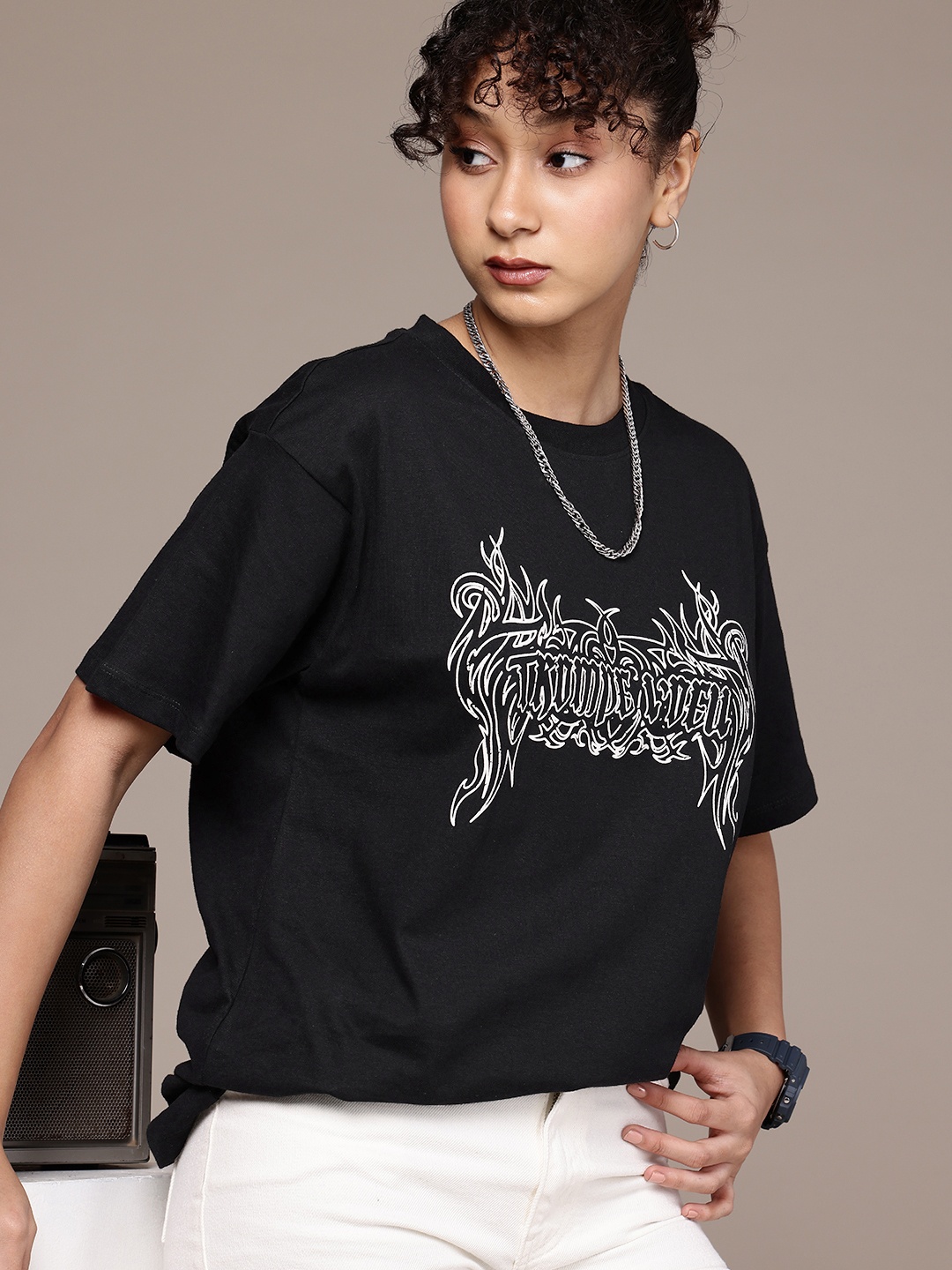 

The Roadster Life Co. Printed Drop-Shoulder Sleeves Pure Cotton Oversized T-shirt, Black