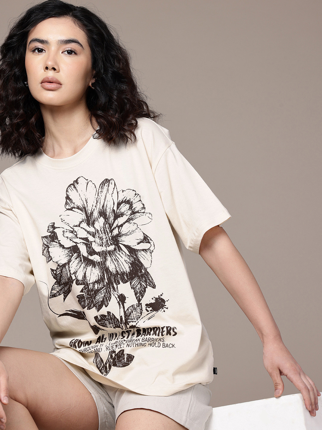 

The Roadster Life Co. Pure Cotton Floral Printed Oversized Longline T-shirt, Off white