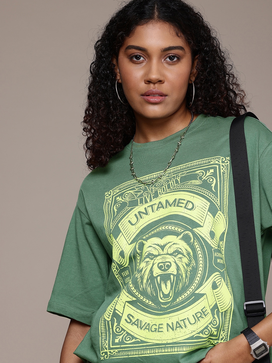 

The Roadster Life Co. Graphic Printed Drop-Shoulder Sleeves Pure Cotton T-shirt, Green