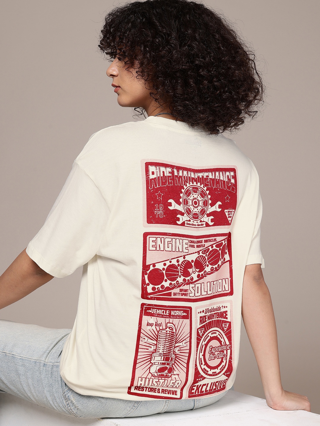 

The Roadster Life Co. Pure Cotton Graphic Printed Oversized T-shirt, Off white