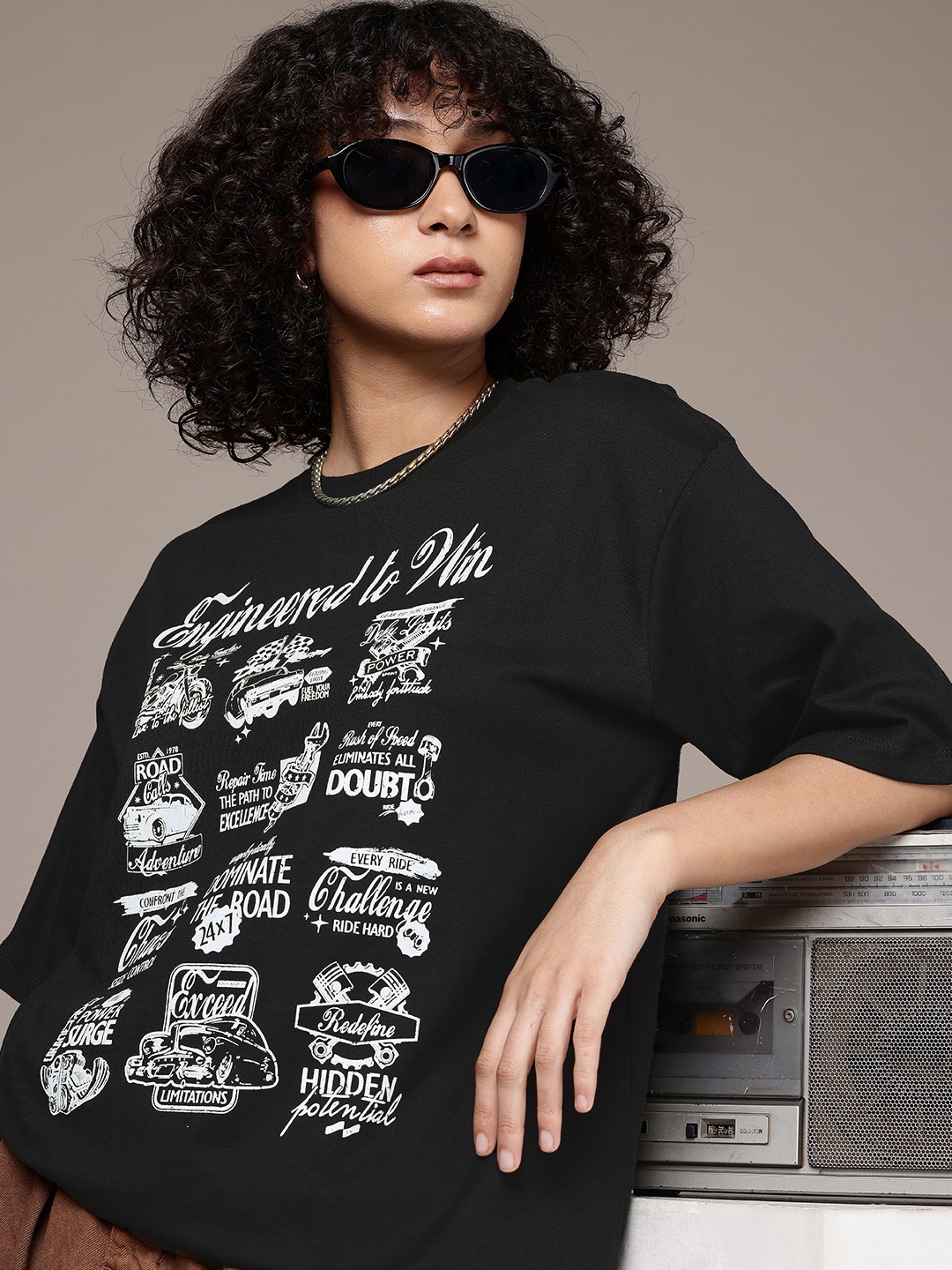 

The Roadster Life Co. Typography Printed Oversized Pure Cotton T-shirt, Black