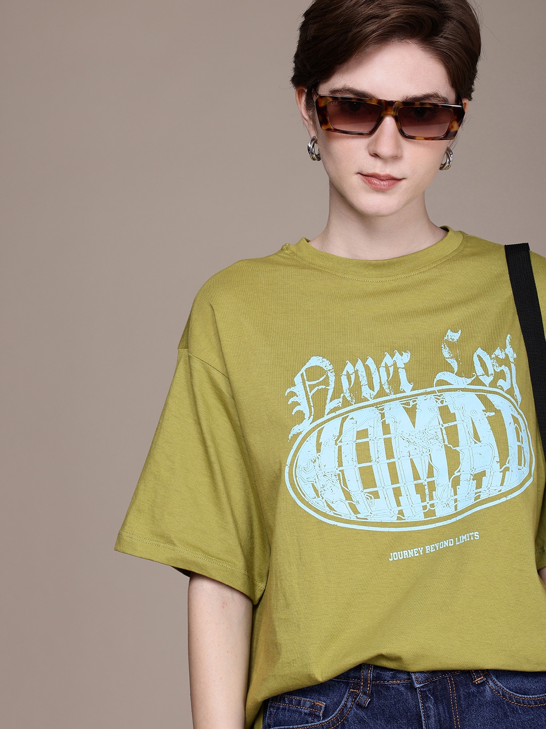 

The Roadster Life Co. Pure Cotton Typography Drop-Shoulder Sleeves Oversized T-shirt, Green
