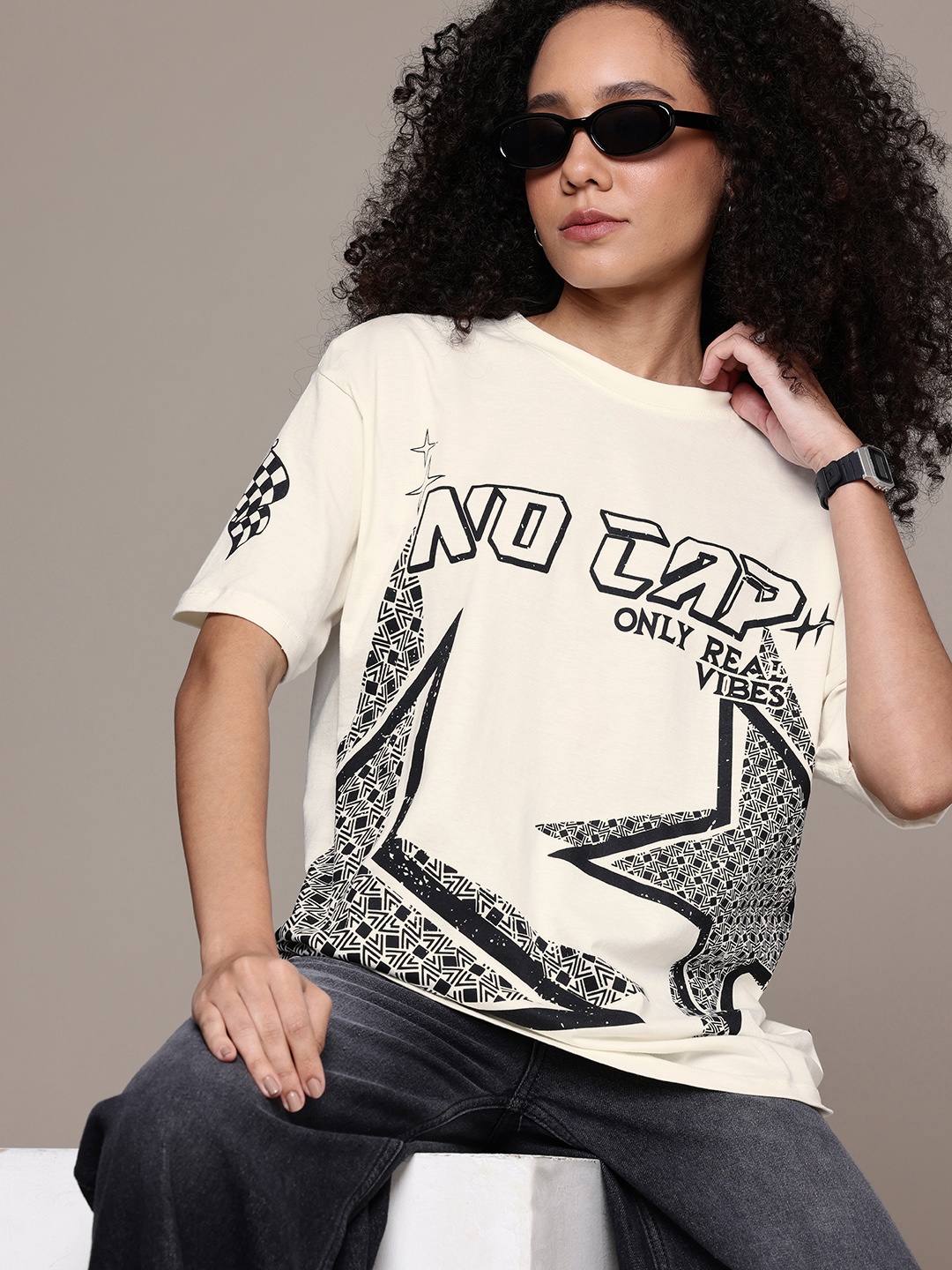 

The Roadster Life Co. Pure Cotton Graphic Printed Oversized Longline T-shirt, Off white