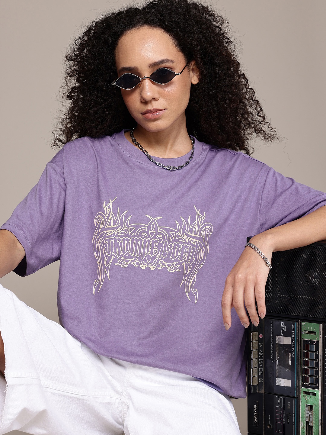 

The Roadster Life Co. Printed Drop-Shoulder Sleeves Pure Cotton Oversized T-shirt, Purple