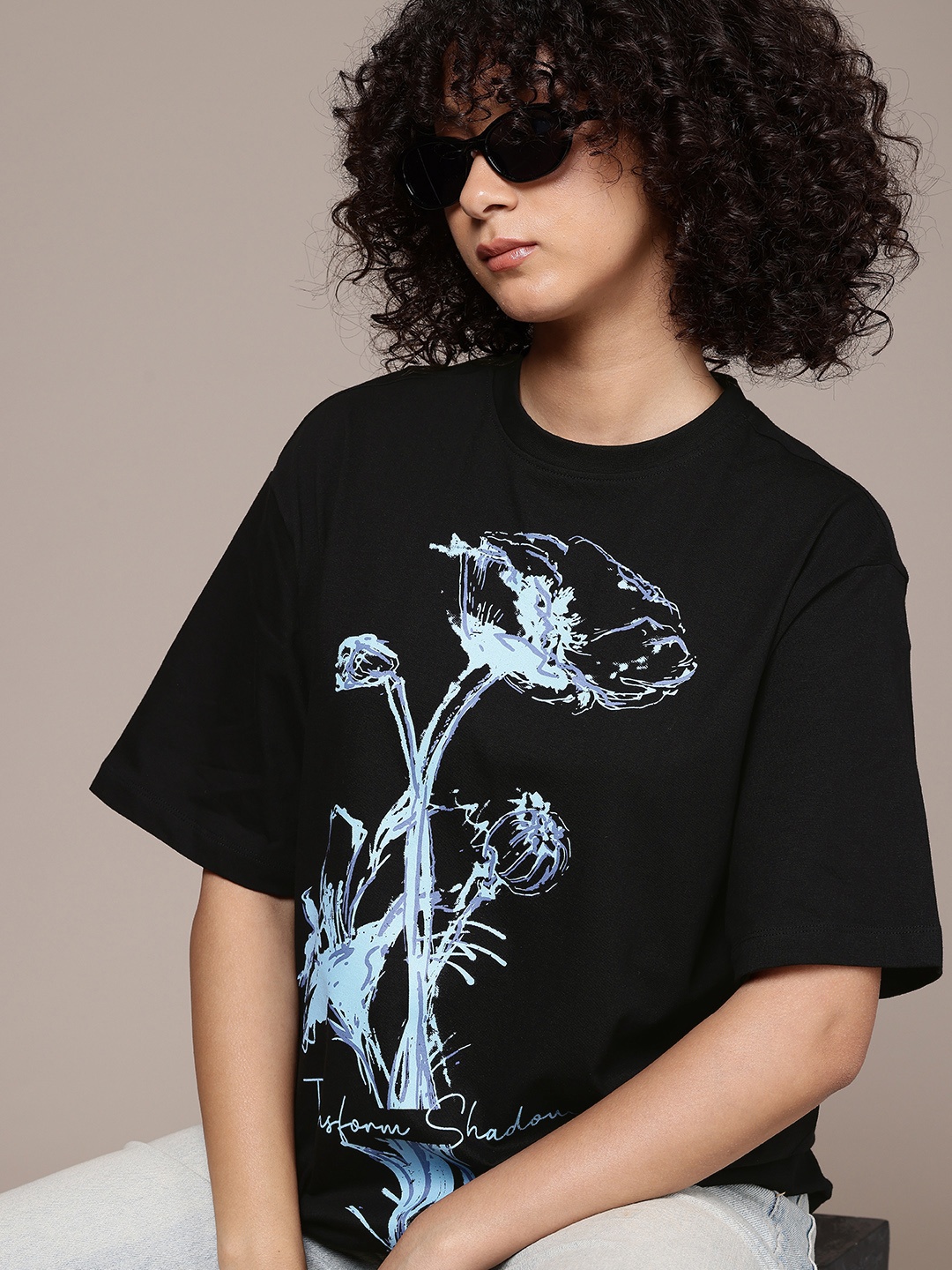 

The Roadster Life Co. Pure Cotton Floral Printed Oversized T-shirt, Black