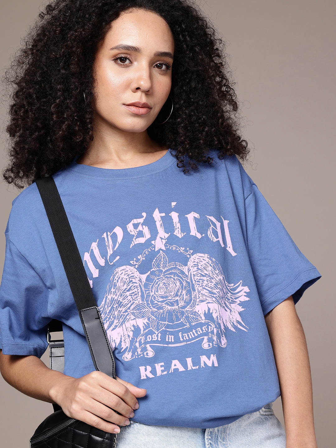 

The Roadster Life Co. Pure Cotton Graphic Printed Oversized T-shirt, Blue
