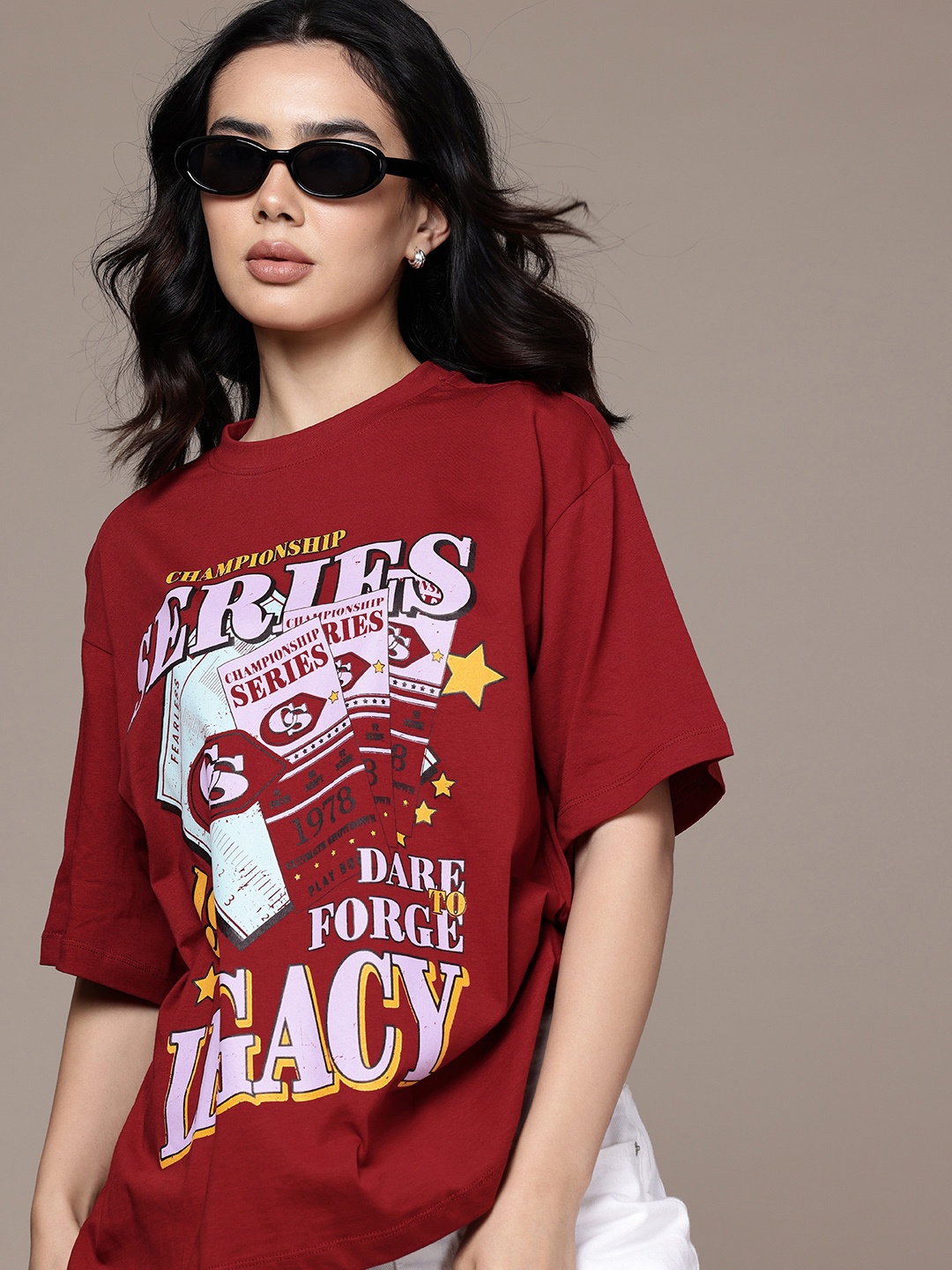 

The Roadster Life Co. Pure Cotton Typography Printed Oversized T-shirt, Maroon
