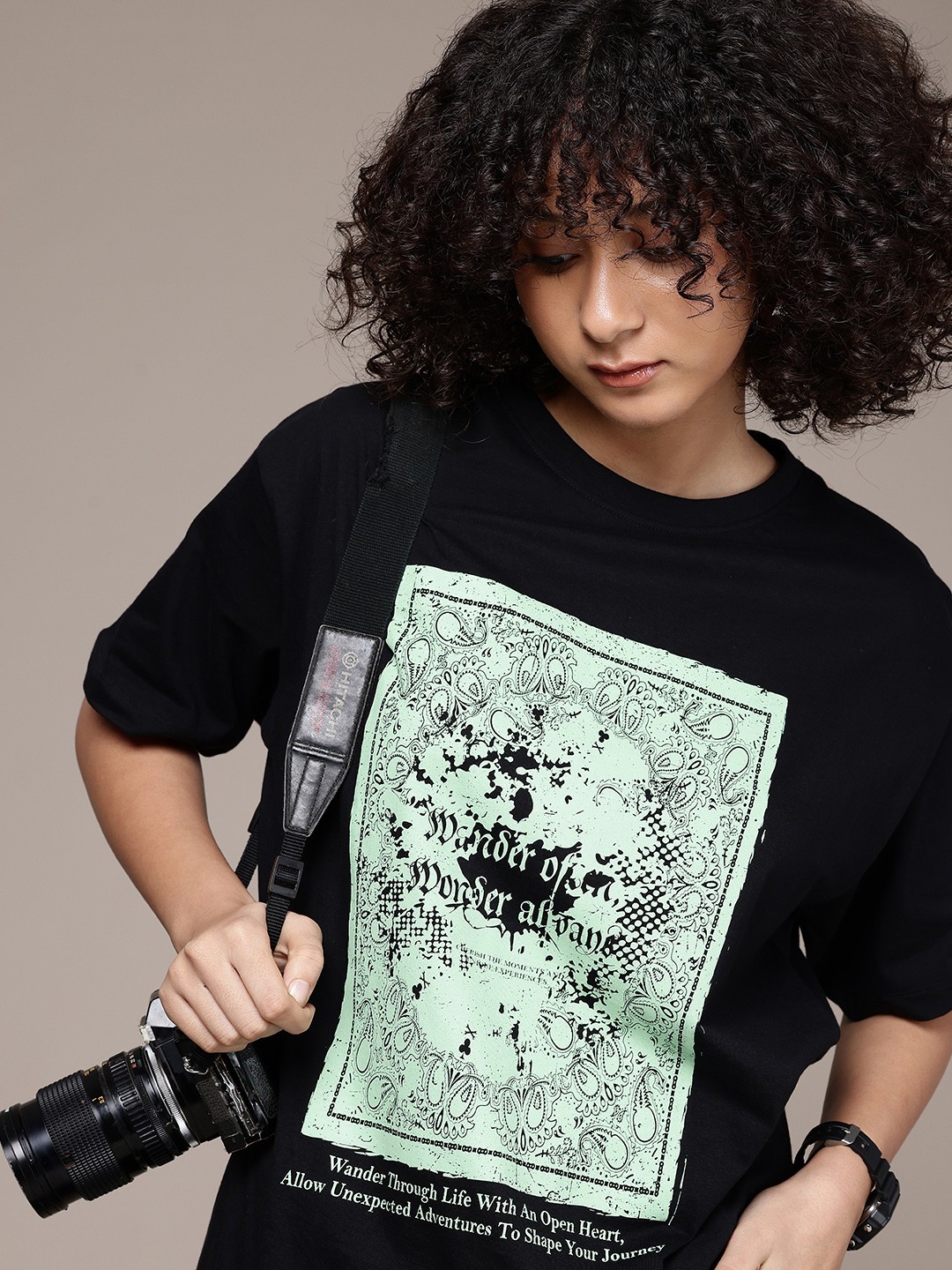 

The Roadster Life Co. Oversized Fit Graphic Printed Pure Cotton T-shirt, Black