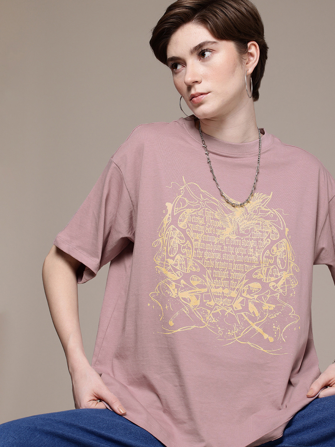 

The Roadster Life Co. Graphic Printed Drop-Shoulder Sleeves Pure Cotton Oversized T-shirt, Mauve