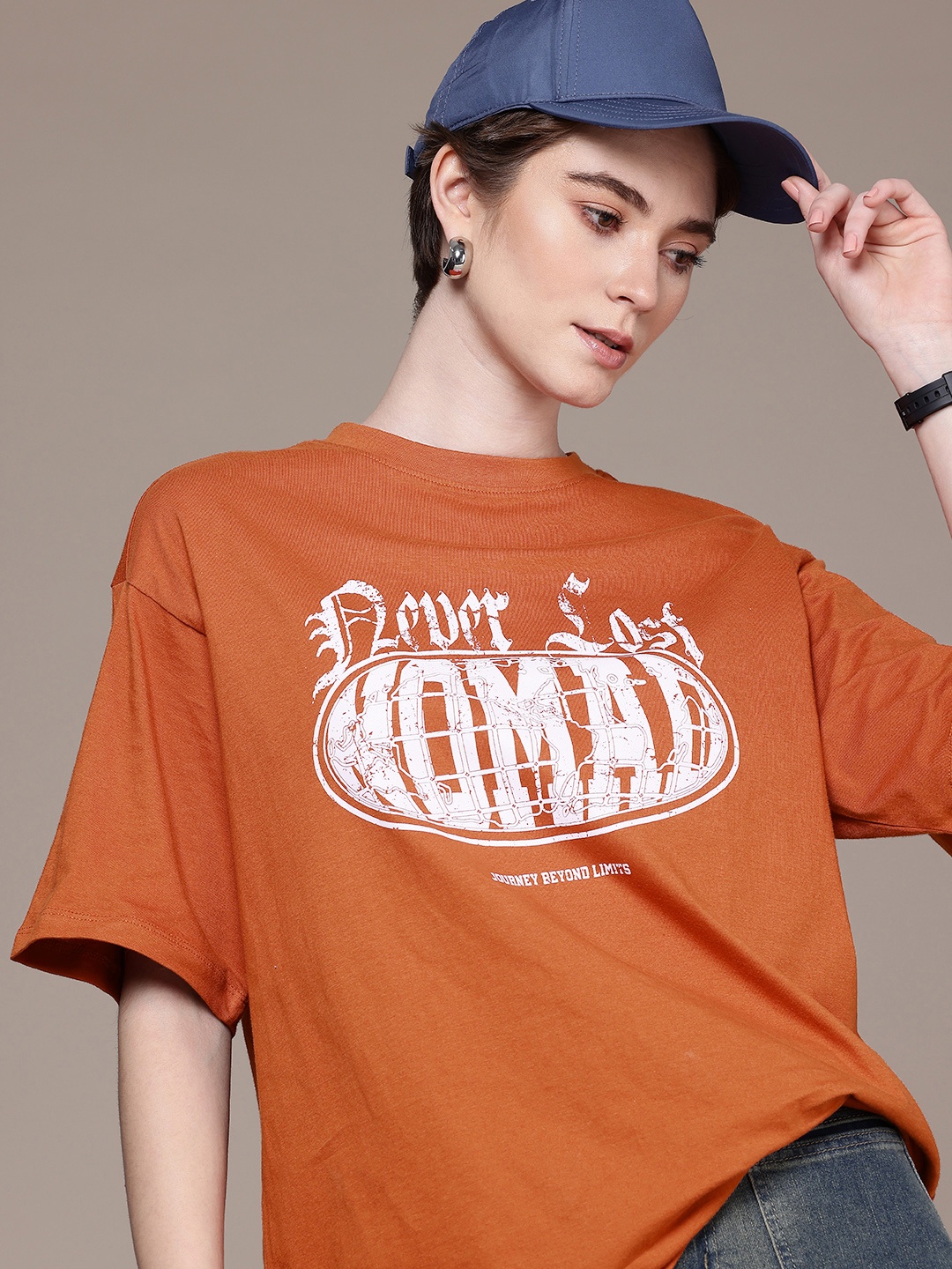 

The Roadster Life Co. Graphic Printed Drop-Shoulder Sleeves Pure Cotton T-shirt, Rust