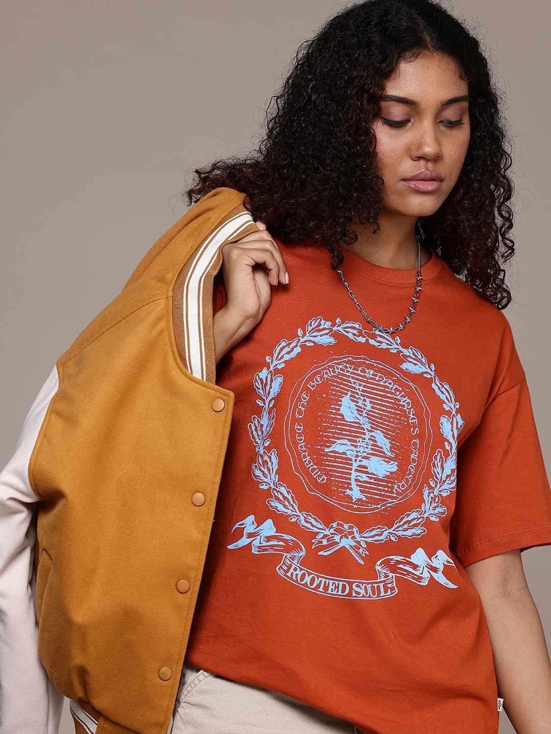 

The Roadster Life Co. Oversized Fit Graphic Printed Pure Cotton T-shirt, Rust