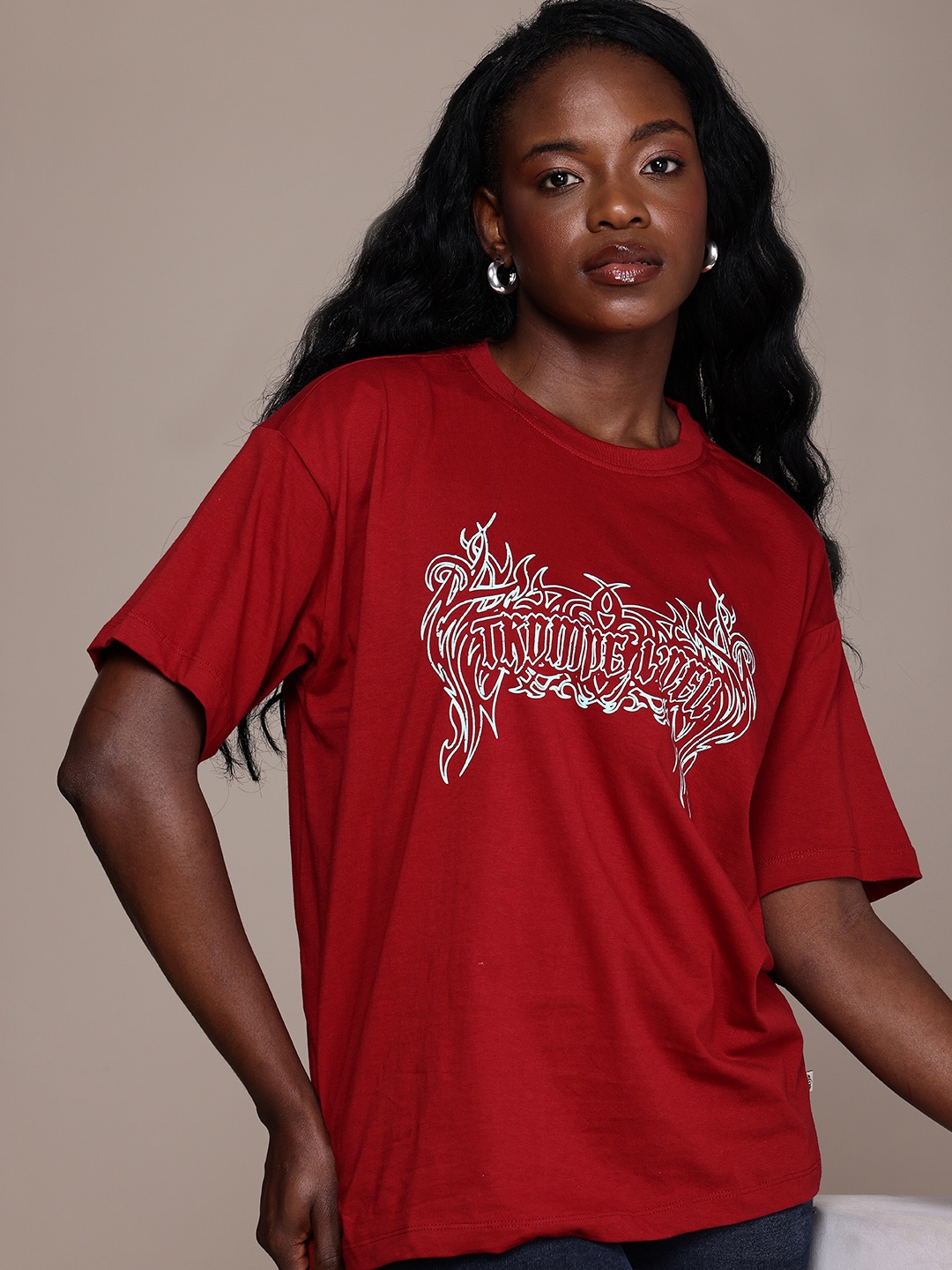

The Roadster Life Co. Pure Cotton Graphic Printed Oversized T-shirt, Maroon