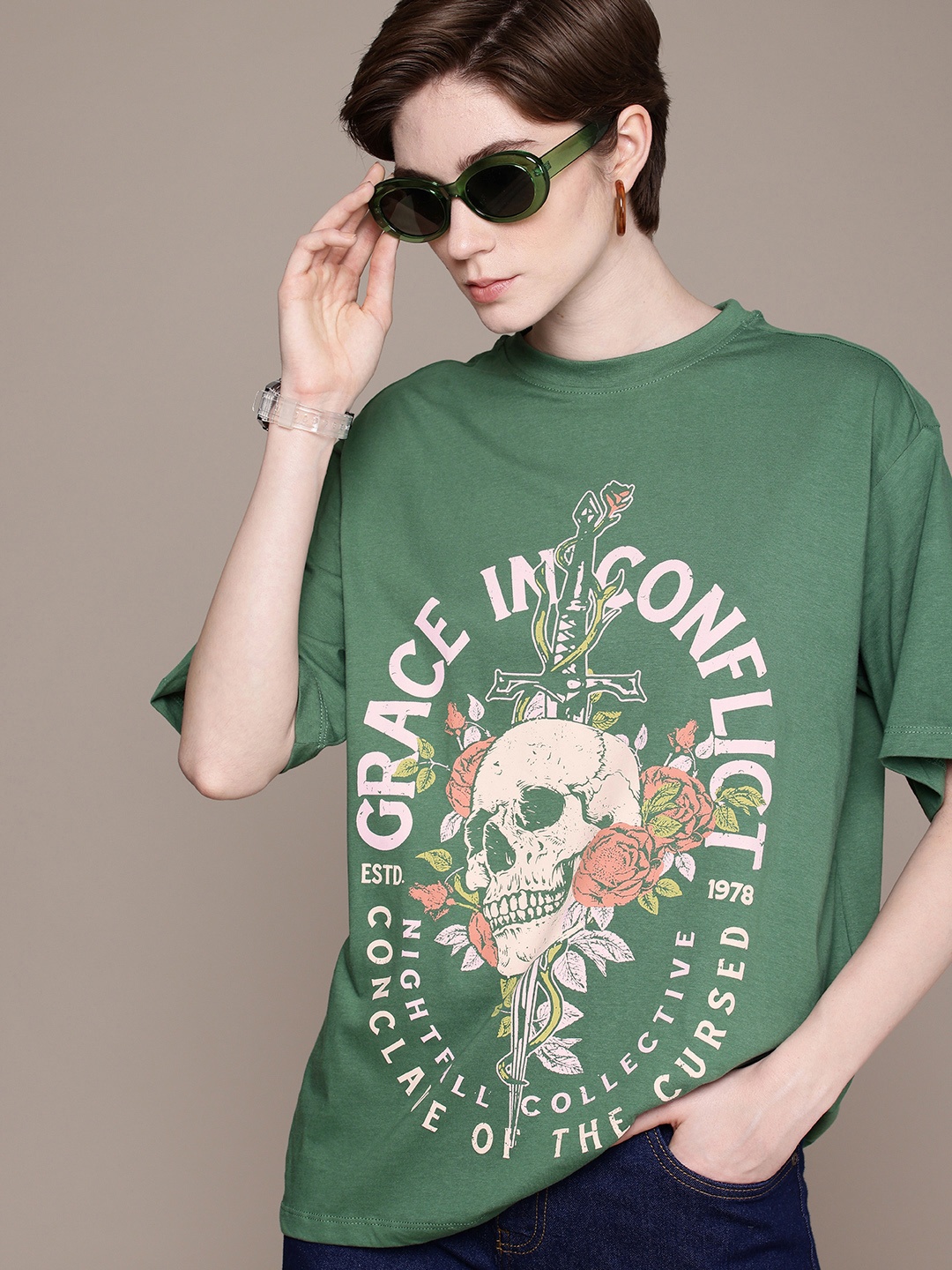 

The Roadster Life Co. Printed Drop-Shoulder Sleeves Pure Cotton Oversized T-shirt, Green