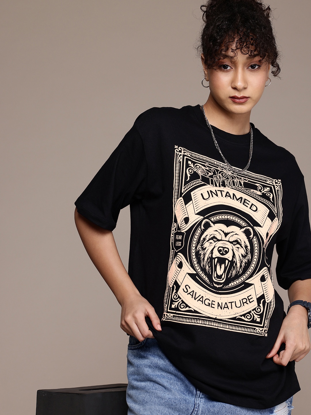

The Roadster Life Co. Pure Cotton Graphic Printed Oversized Longline T-shirt, Black