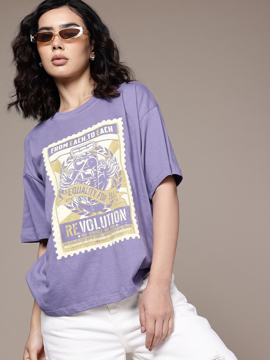 

The Roadster Life Co. Printed Drop-Shoulder Sleeves Oversized T-shirt, Purple