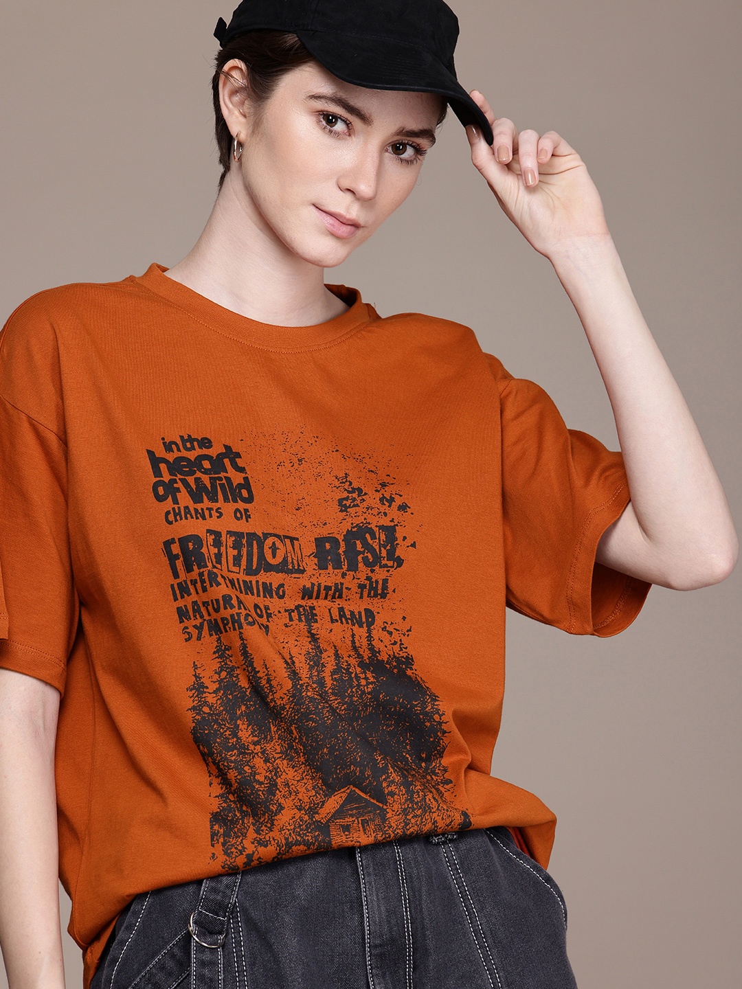

The Roadster Life Co. Oversized Fit Typography Printed T-shirt, Rust