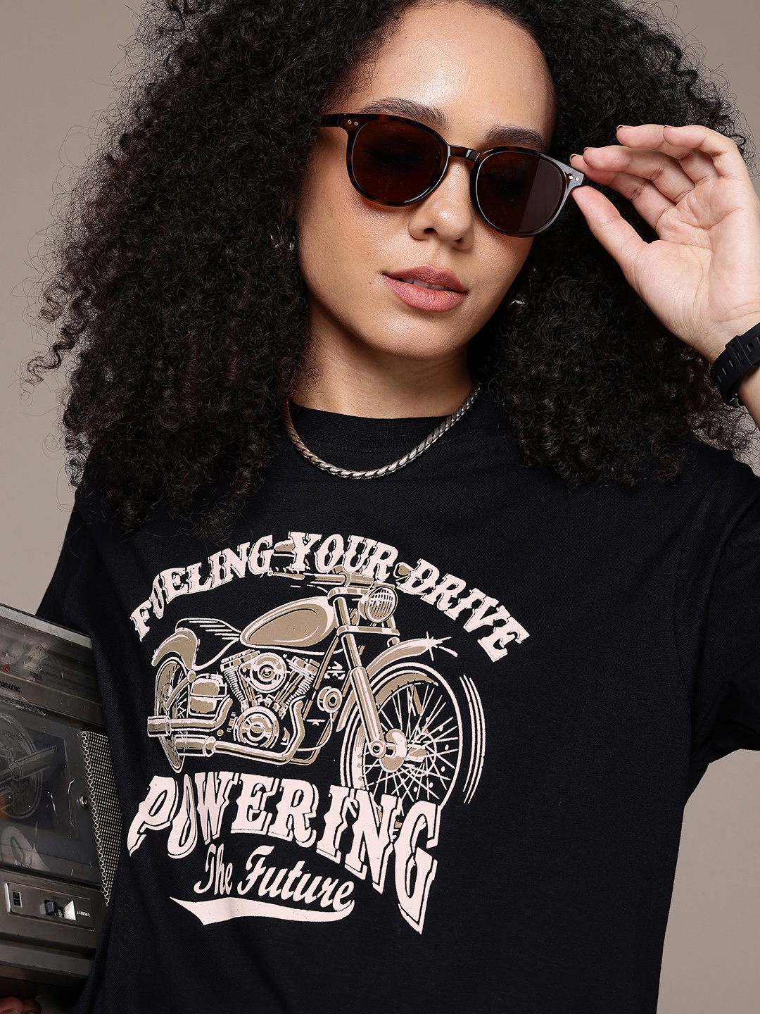 

The Roadster Life Co. Pure Cotton Graphic Printed Oversized T-shirt, Black
