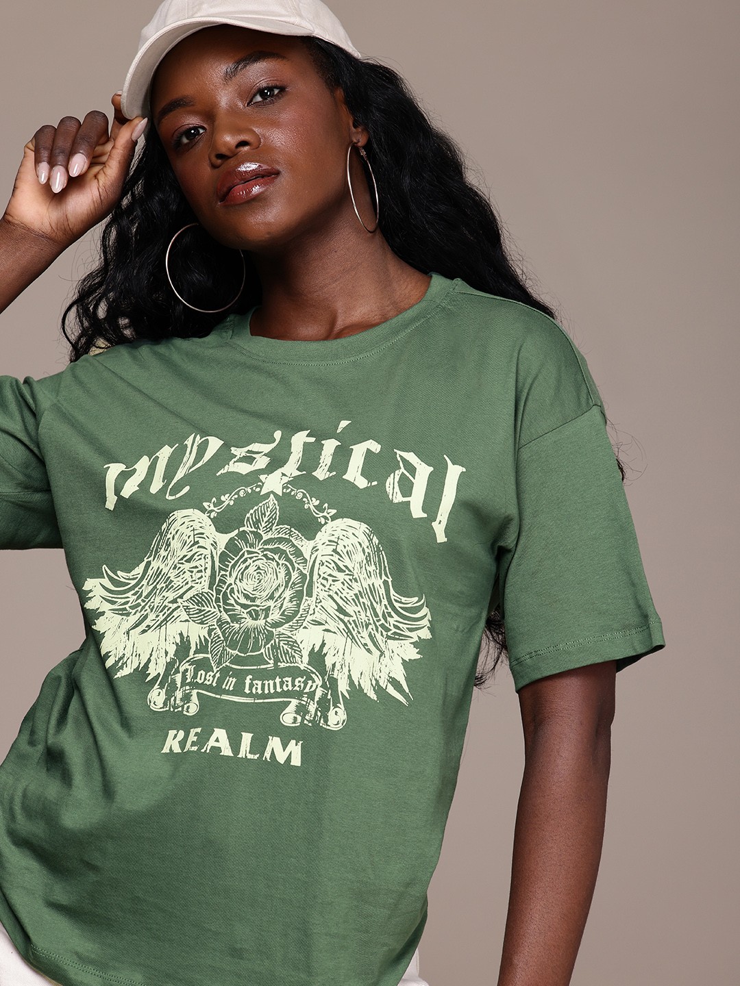 

The Roadster Life Co. Pure Cotton Graphic Printed Drop-Shoulder Sleeves Oversized T-shirt, Green