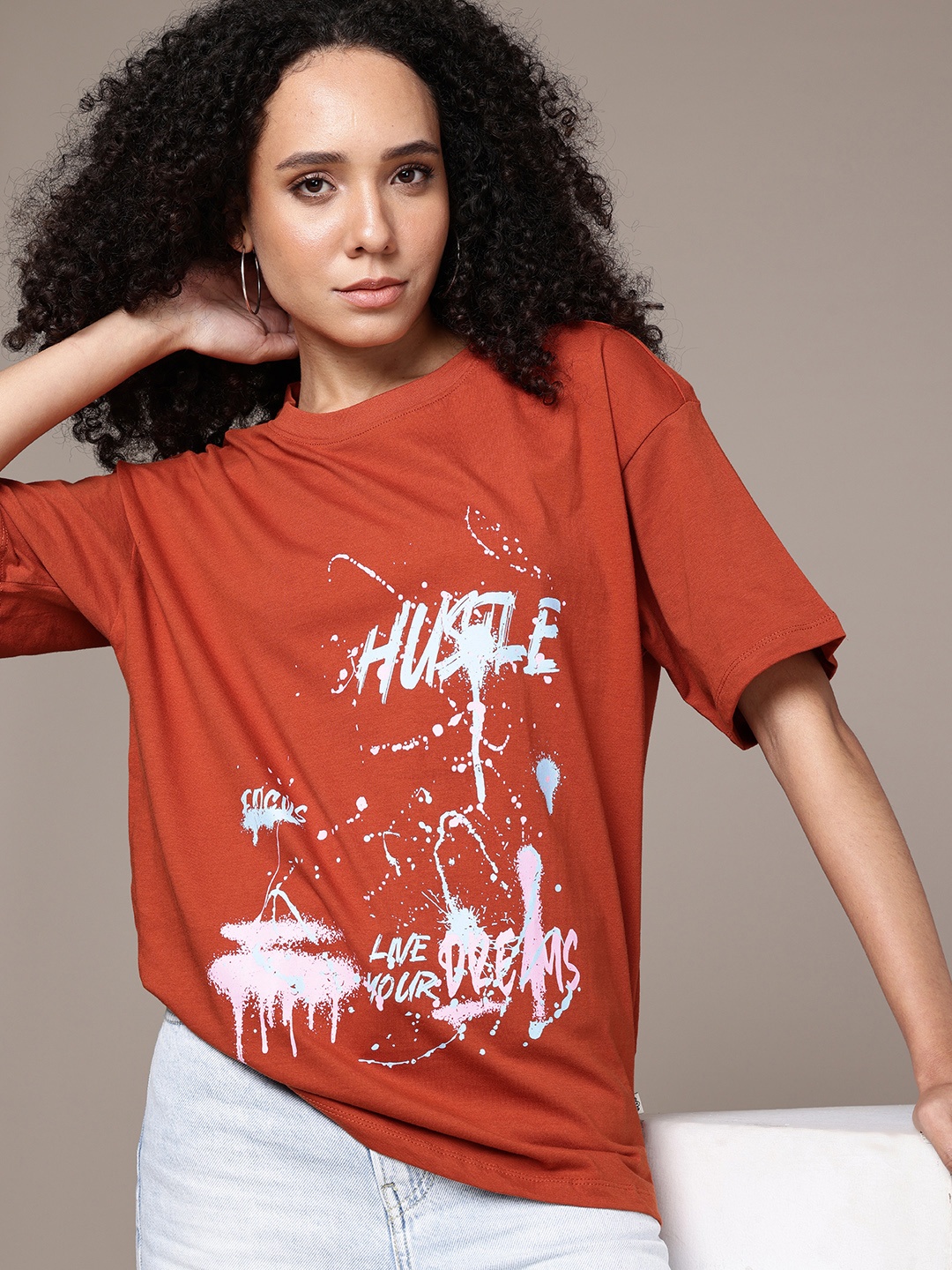

The Roadster Life Co. Oversized Fit Typography Printed Pure Cotton T-shirt, Rust