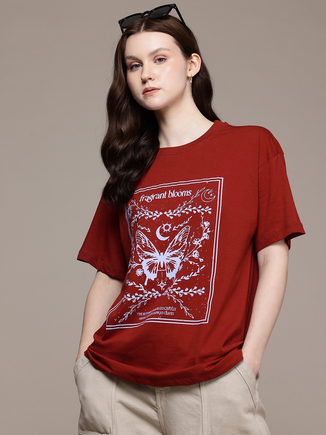

The Roadster Life Co. Graphic Printed Drop-Shoulder Sleeves Relaxed Pure Cotton T-shirt, Maroon