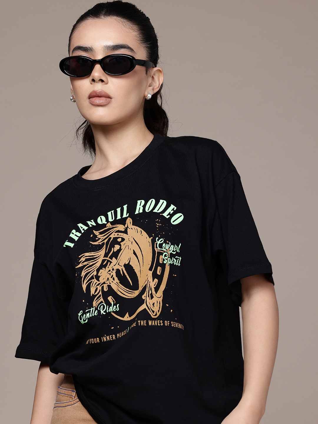 

The Roadster Life Co. Oversized Fit Graphic Printed Pure Cotton T-shirt, Black