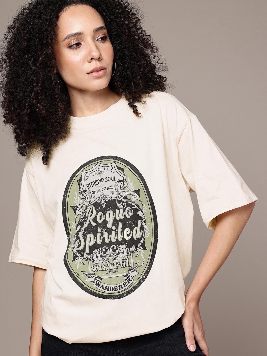 

The Roadster Life Co. Pure Cotton Graphic Printed Oversized Longline T-shirt, Off white