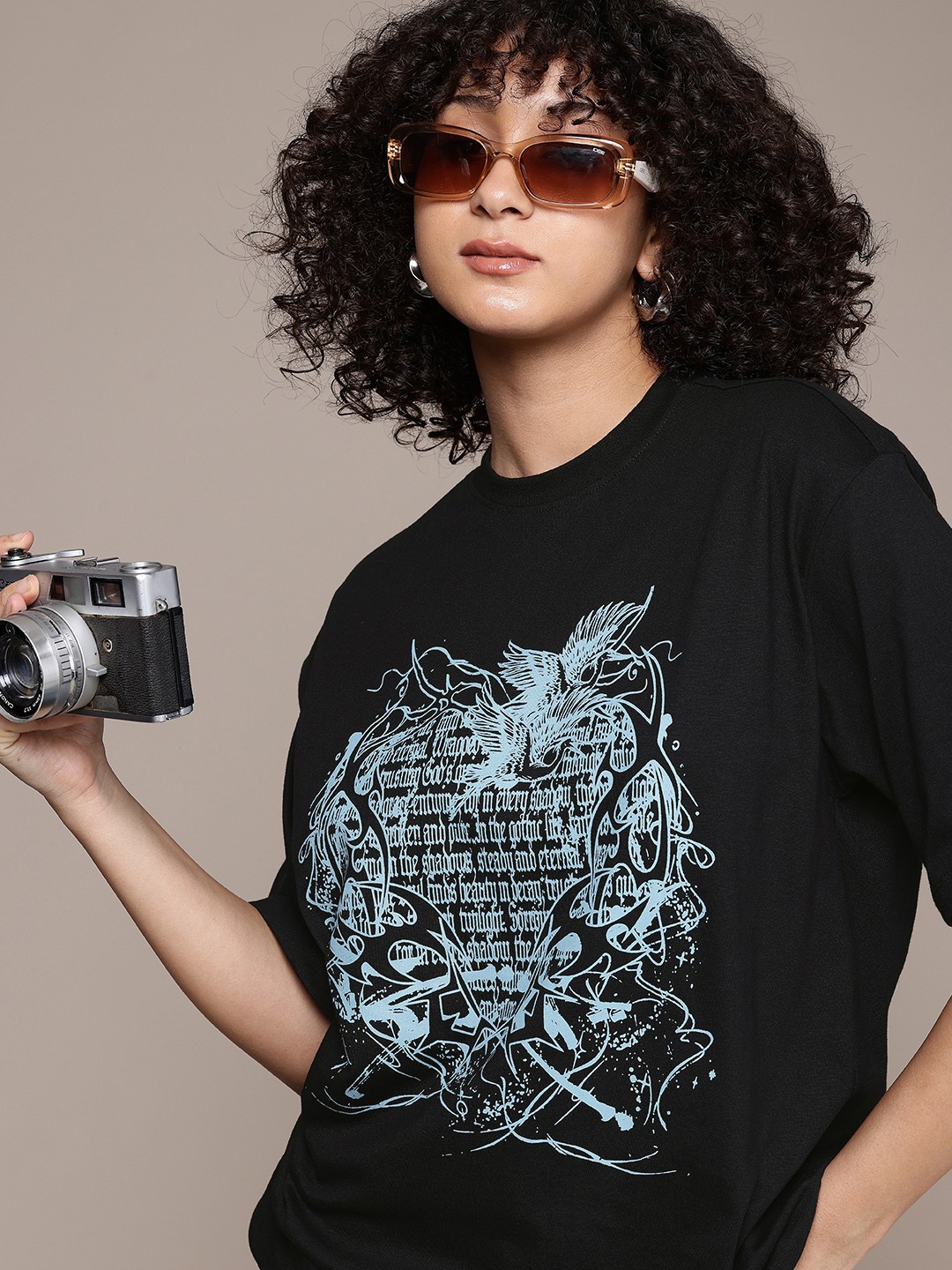 

The Roadster Life Co. Pure Cotton Graphic Printed Oversized T-shirt, Black