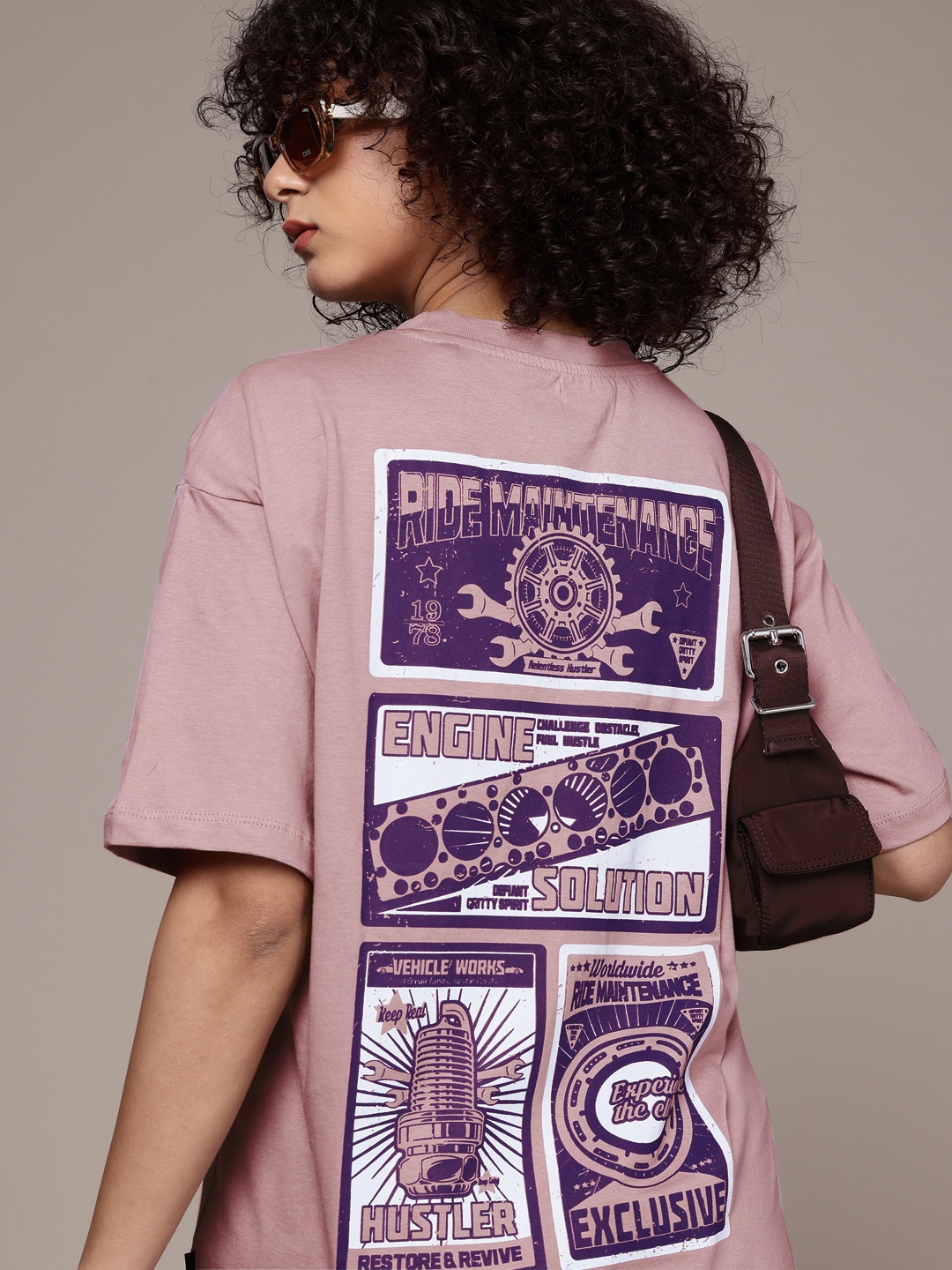 

The Roadster Life Co. Printed Drop-Shoulder Sleeves Oversized Pure Cotton T-shirt, Mauve