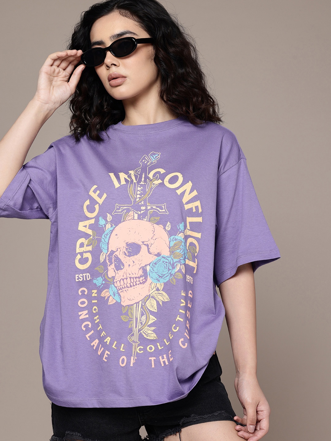 

The Roadster Life Co. Oversized Fit Graphic Printed Pure Cotton T-shirt, Purple