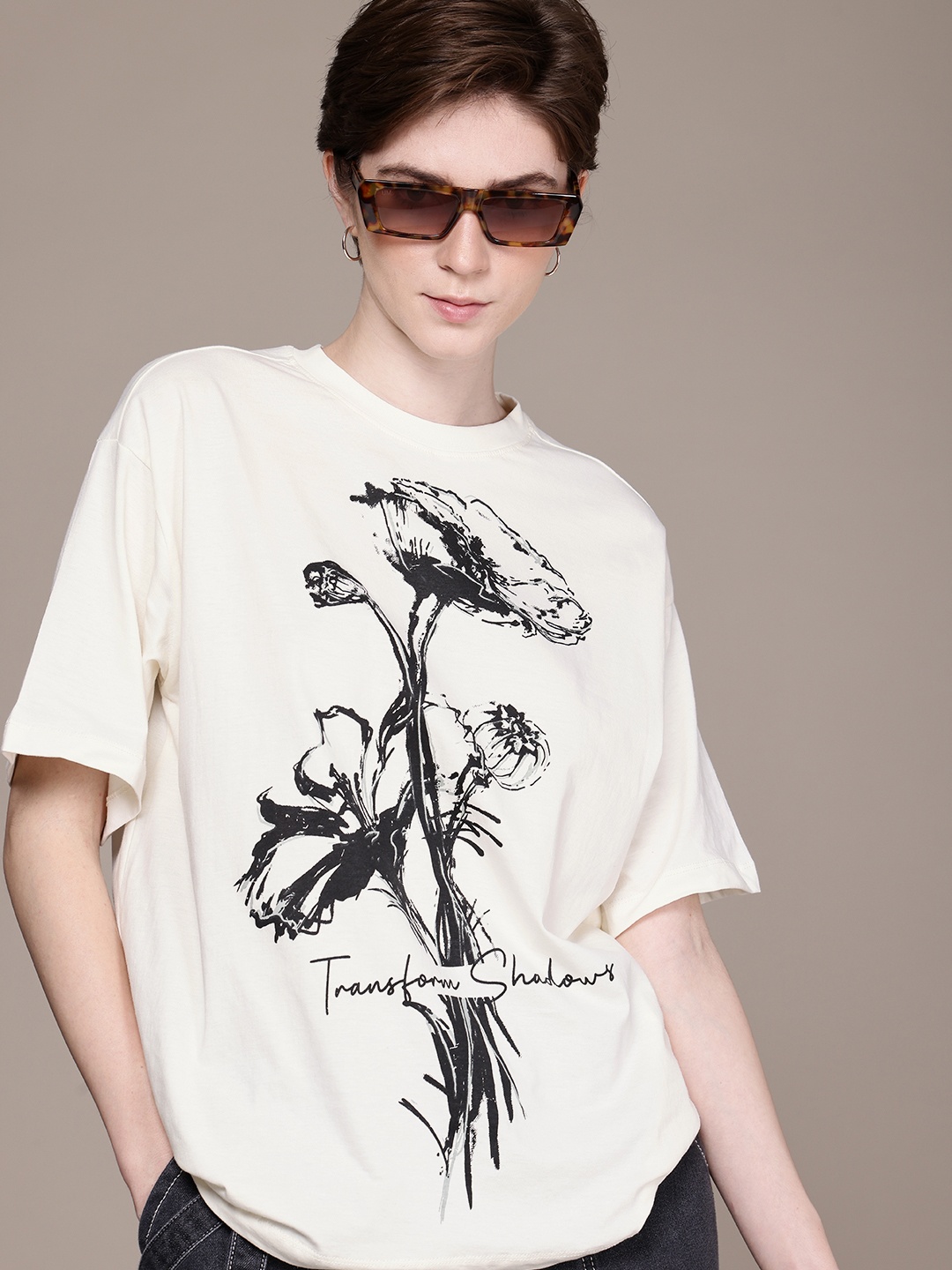 

The Roadster Life Co. Pure Cotton Floral Printed Drop-Shoulder Sleeves Oversized T-shirt, Off white