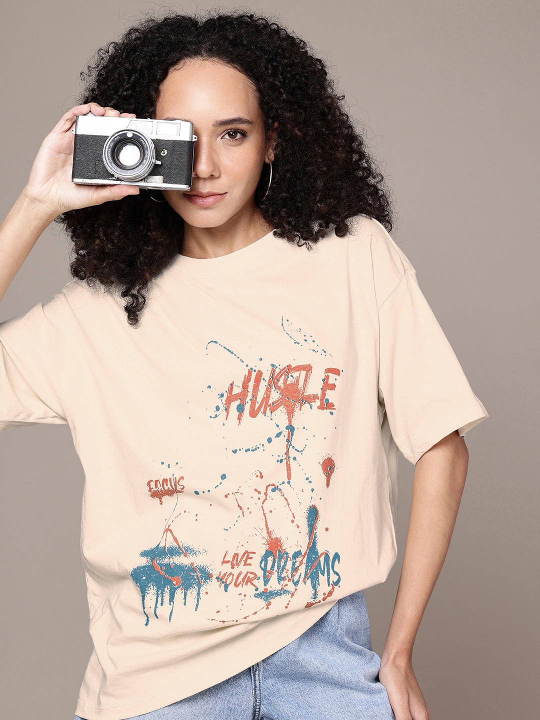 

The Roadster Life Co. Oversized Fit Typography Printed Pure Cotton T-shirt, Beige