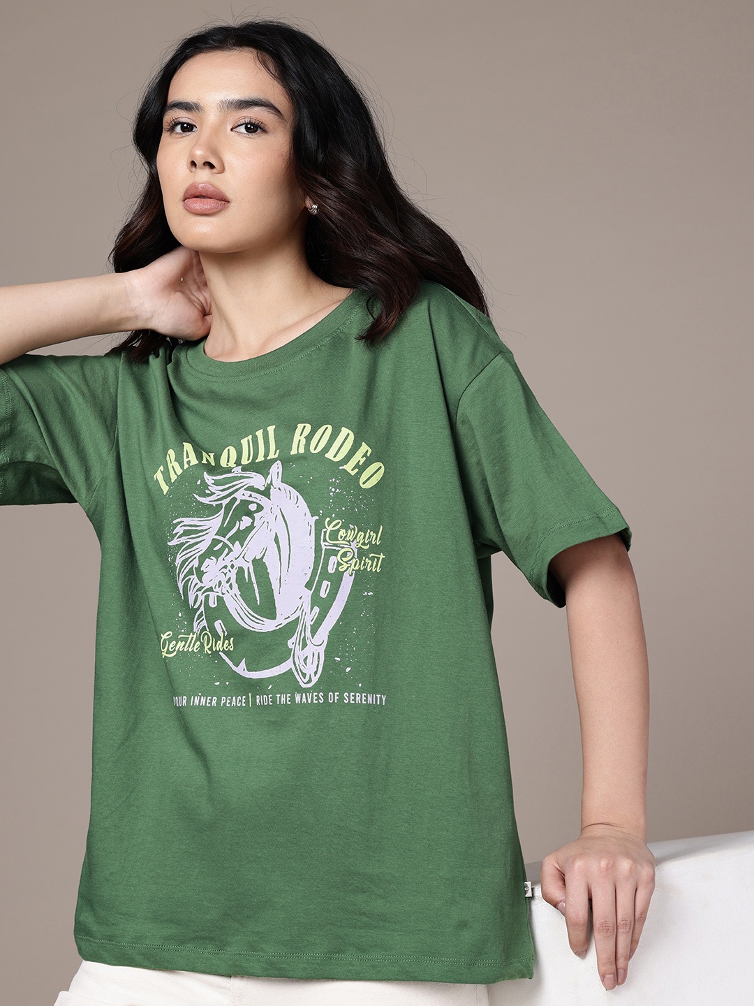 

The Roadster Life Co. Oversized Fit Graphic Printed Pure Cotton T-shirt, Green