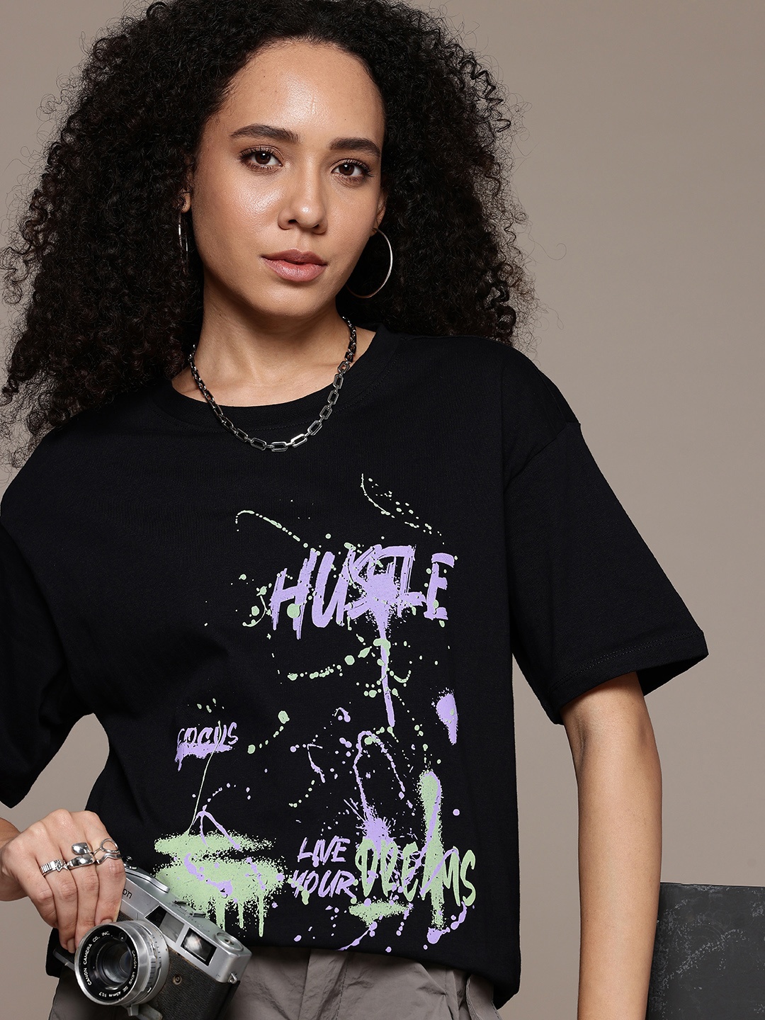 

The Roadster Life Co. Graphic Printed Drop-Shoulder Sleeves Pure Cotton T-shirt, Black