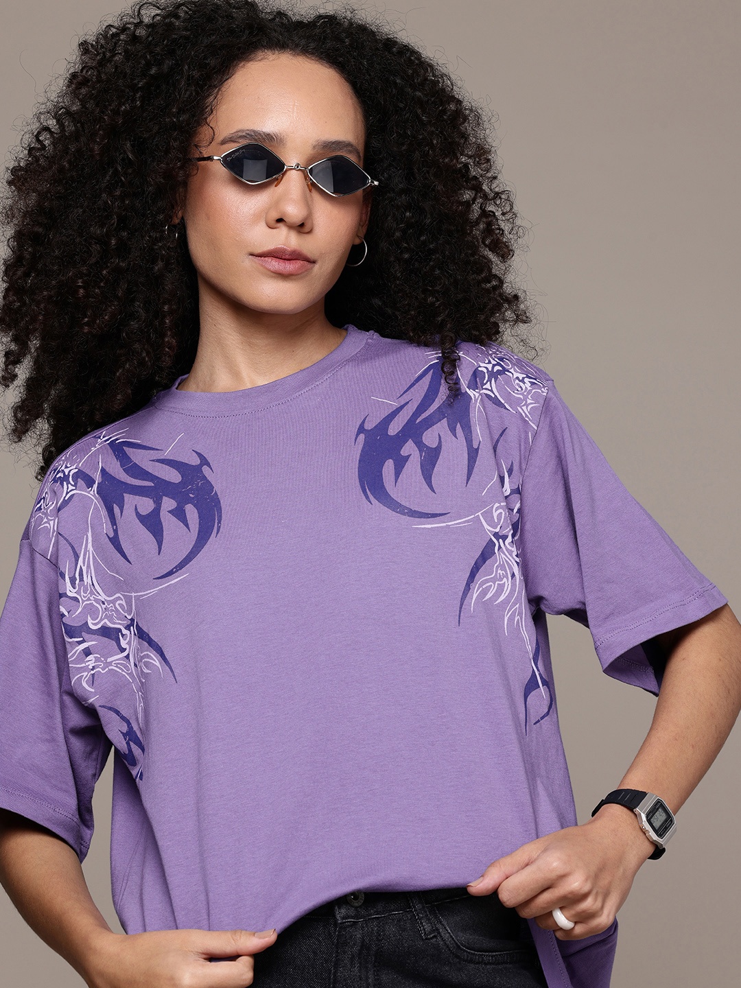 

The Roadster Life Co. Pure Cotton Graphic Printed Oversized Longline T-shirt, Purple