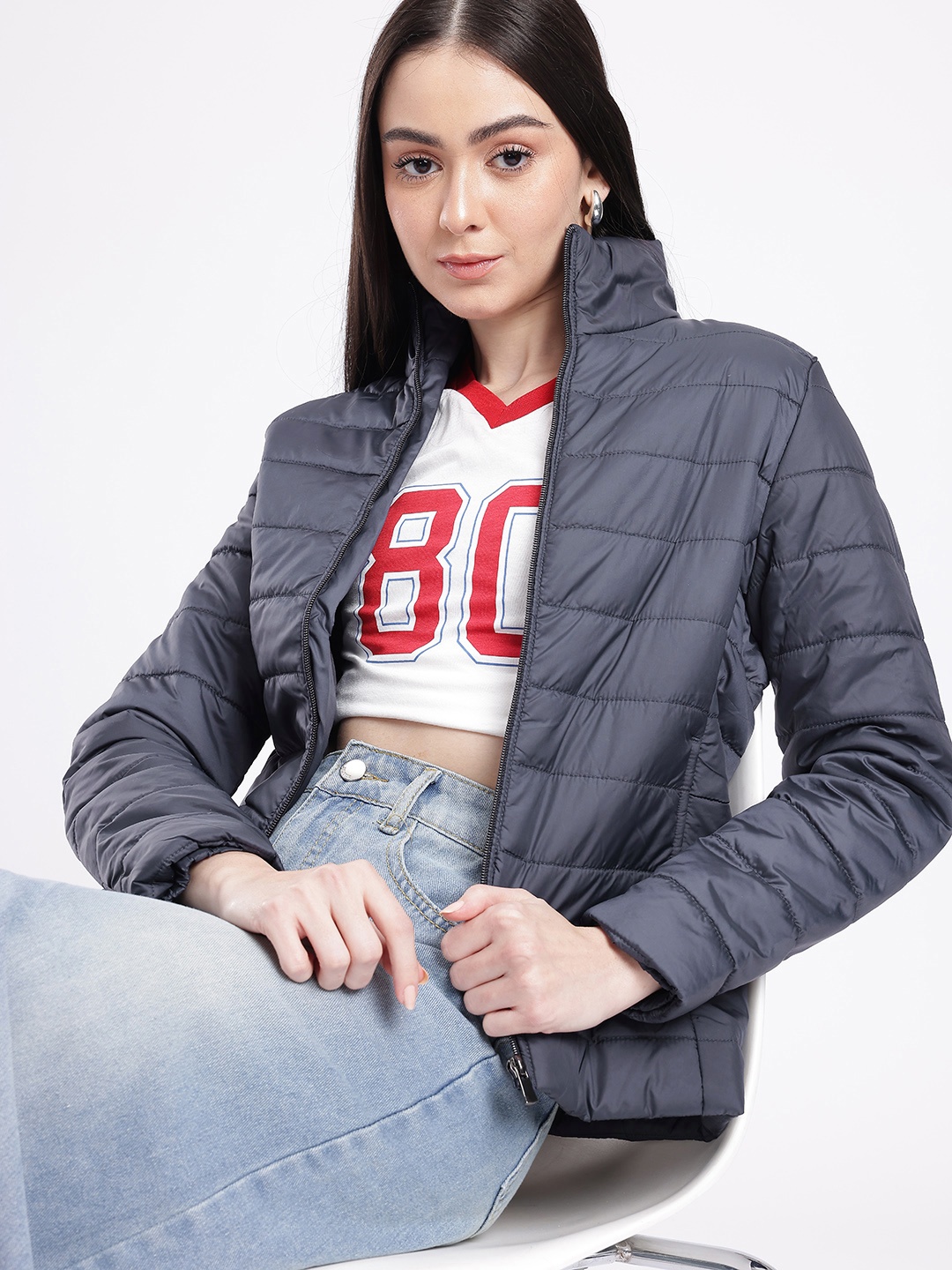 

glitchez Urban Cool Mock Collar Padded Jacket, Navy blue