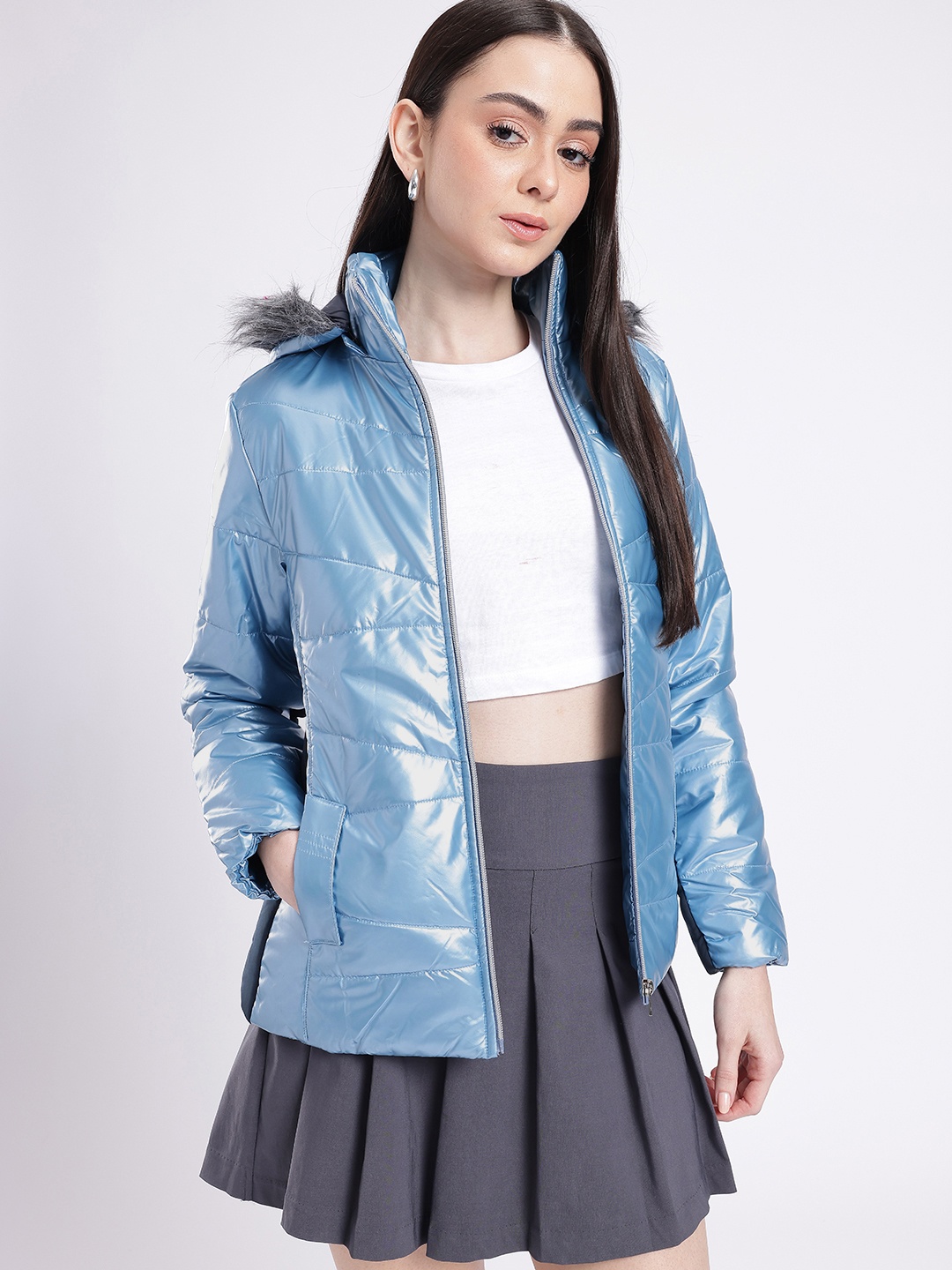 

glitchez Urban Chic Faux Fur Detachable Hood Padded Jacket, Blue