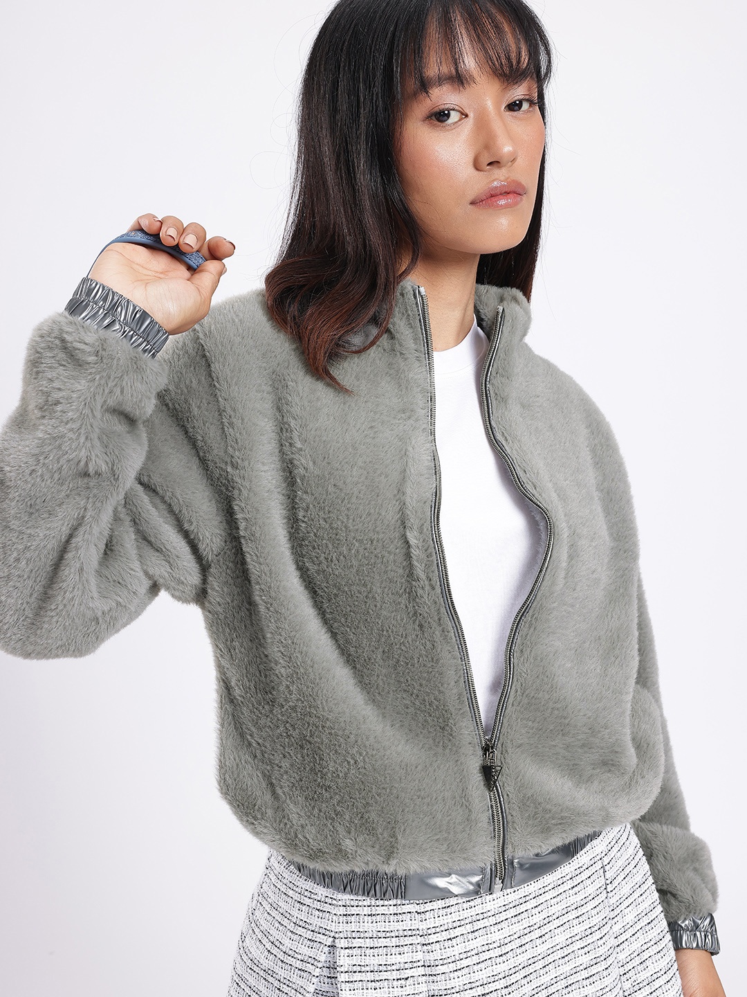 

glitchez City Chic Faux Fur Bomber Jacket, Grey