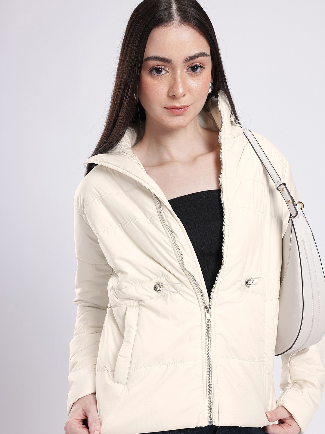 

glitchez Urban Cool Mock Collar Checked Padded Jacket, Off white