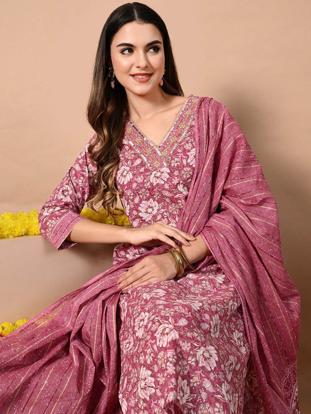 

DHROOV TARA Women Floral Printed Regular Beads and Stones Kurta with Harem Pants & With Dupatta, Pink