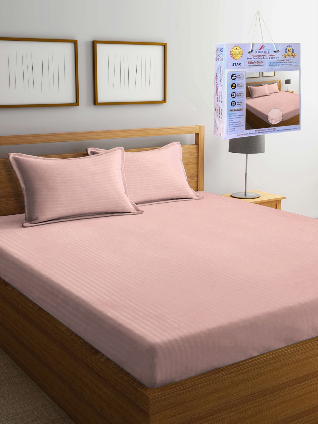 

FABINALIV Peach-Coloured Striped Printed 300 TC King Bedsheet Set-2.50 m X 2.25 m