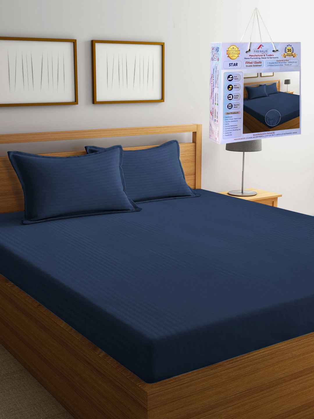 

FABINALIV Navy Blue Striped 300 TC Fitted King Bedsheet Set 2.50m X 2.25m